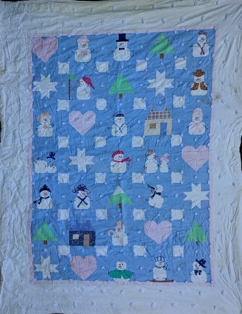 VINTAGE Child's QUILT, hand embroidered blocks, online puppy dog, kittens, lamb, butterfly, hand quilted, Dutch kids border, blue, sewing, toddler